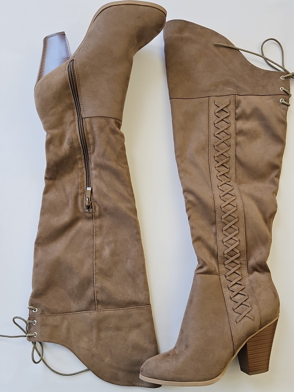 Journee Collection Taupe Lace-Up Knee-High Block Heel Boots
